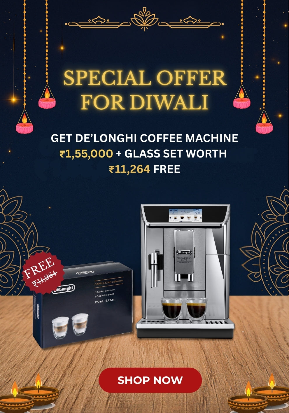 Luxury Combo Pack of 2 - De’Longhi ECAM650.85 Coffee Machine and Cappuccino Glasses Set (6 pcs)