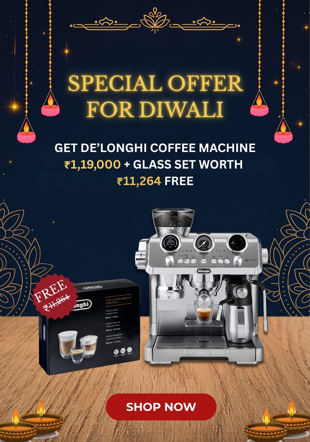 Luxury Combo Pack of 2 - De’Longhi EC9885M Espresso Machine and Connoisseur Glass Set (6 pcs)