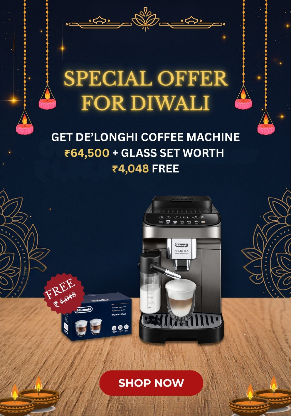 Luxury Combo Pack of 2 - De’Longhi Ecam290.81TB Coffee Machine and Double Wall Cappuccino Cups (190 ml)