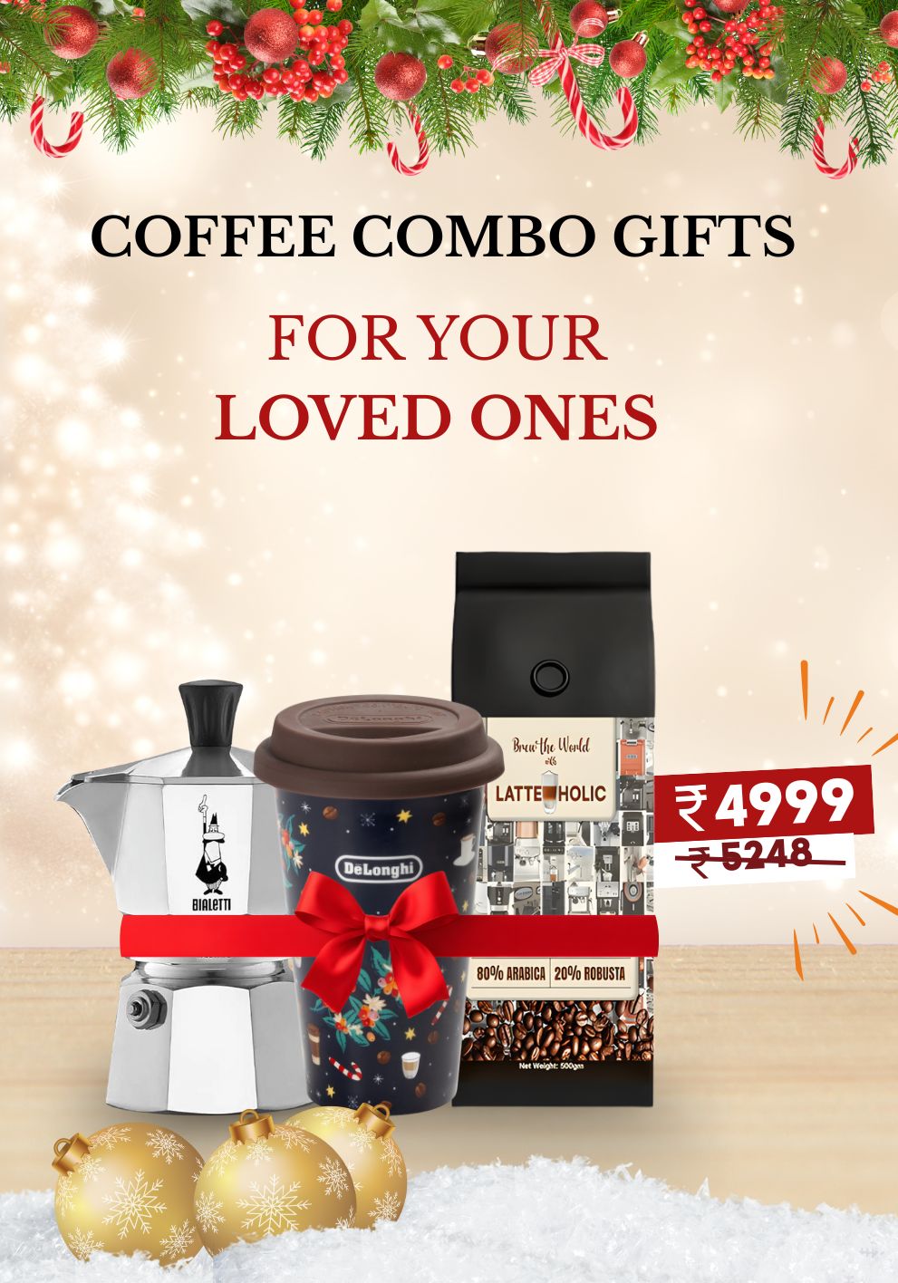 DeLonghi Christmas Thermal Mug + Latteholic 80% Arabica 20% Robusta Freshly Roasted Coffee Beans - 500g + Bialetti Moka Express Cup Espresso Maker - 2 CUP