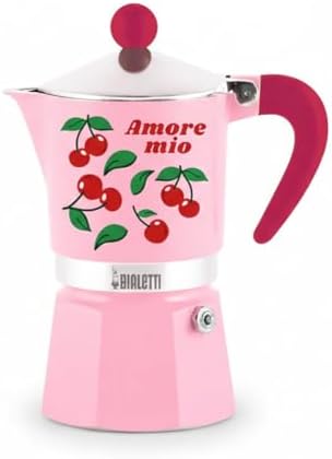 Bialetti Rainbow Amore Mio Moka Coffee Maker, 3 Cups, Red with Cherries