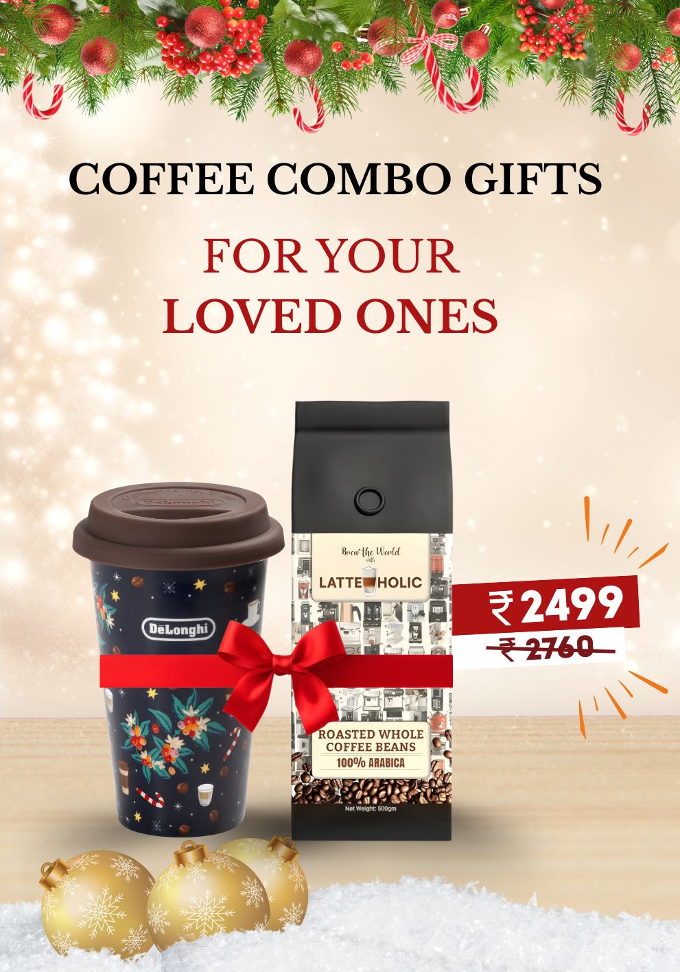 DeLonghi Christmas Thermal Mug + Latteholic 100% Arabica Freshly Roasted Coffee Beans - 500g