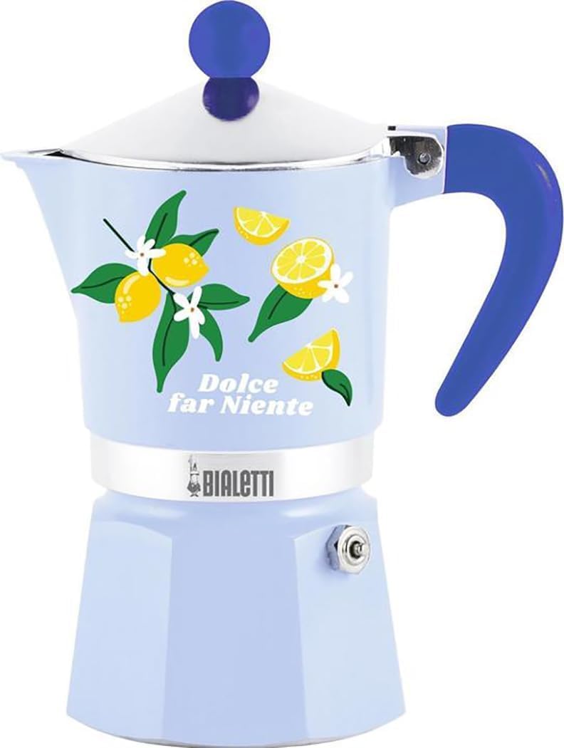 Bialetti Rainbow Dolce Far Nothing Moka Coffee Maker, 3 Cups, Blue with Lemons