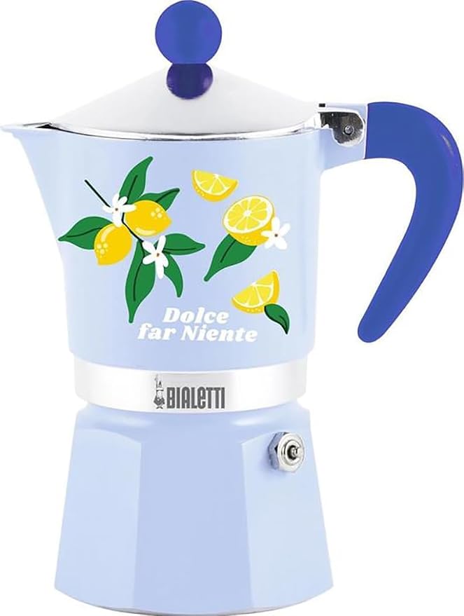 Bialetti Rainbow Dolce Far Nothing Moka Coffee Maker, 3 Cups, Blue with Lemons
