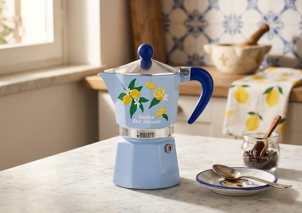 Bialetti Rainbow Dolce Far Nothing Moka Coffee Maker, 3 Cups, Blue with Lemons