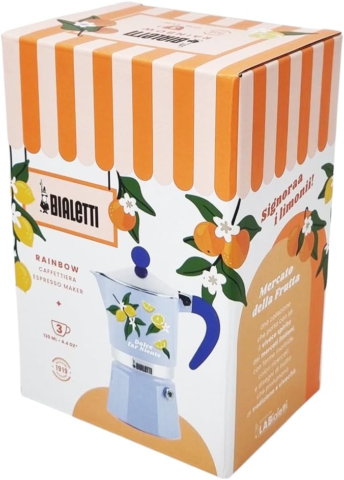 Bialetti Rainbow Dolce Far Nothing Moka Coffee Maker, 3 Cups, Blue with Lemons