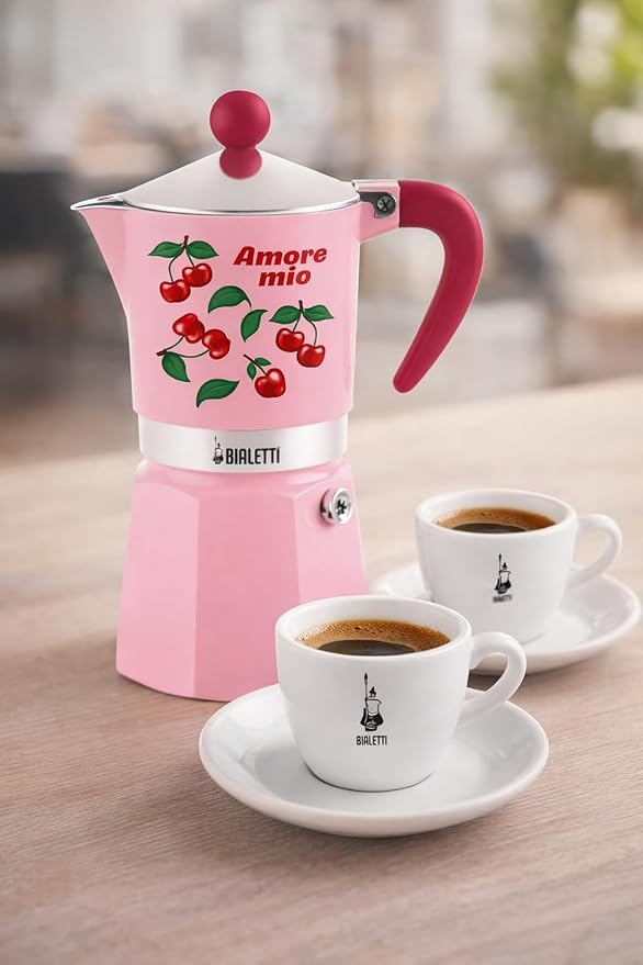 Bialetti Rainbow Amore Mio Moka Coffee Maker, 3 Cups, Red with Cherries