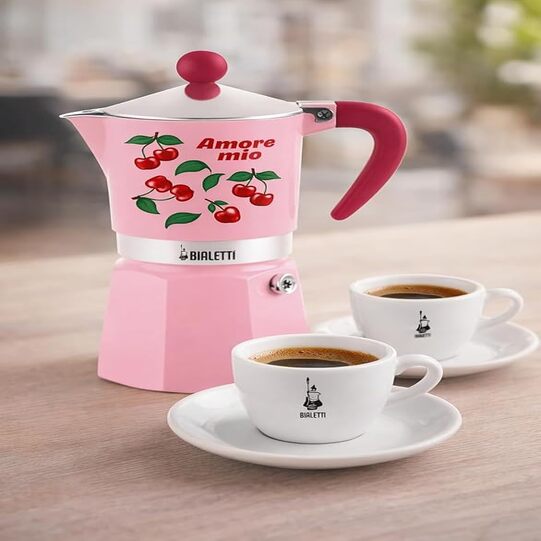 Bialetti Rainbow Amore Mio Moka Coffee Maker, 3 Cups, Red with Cherries