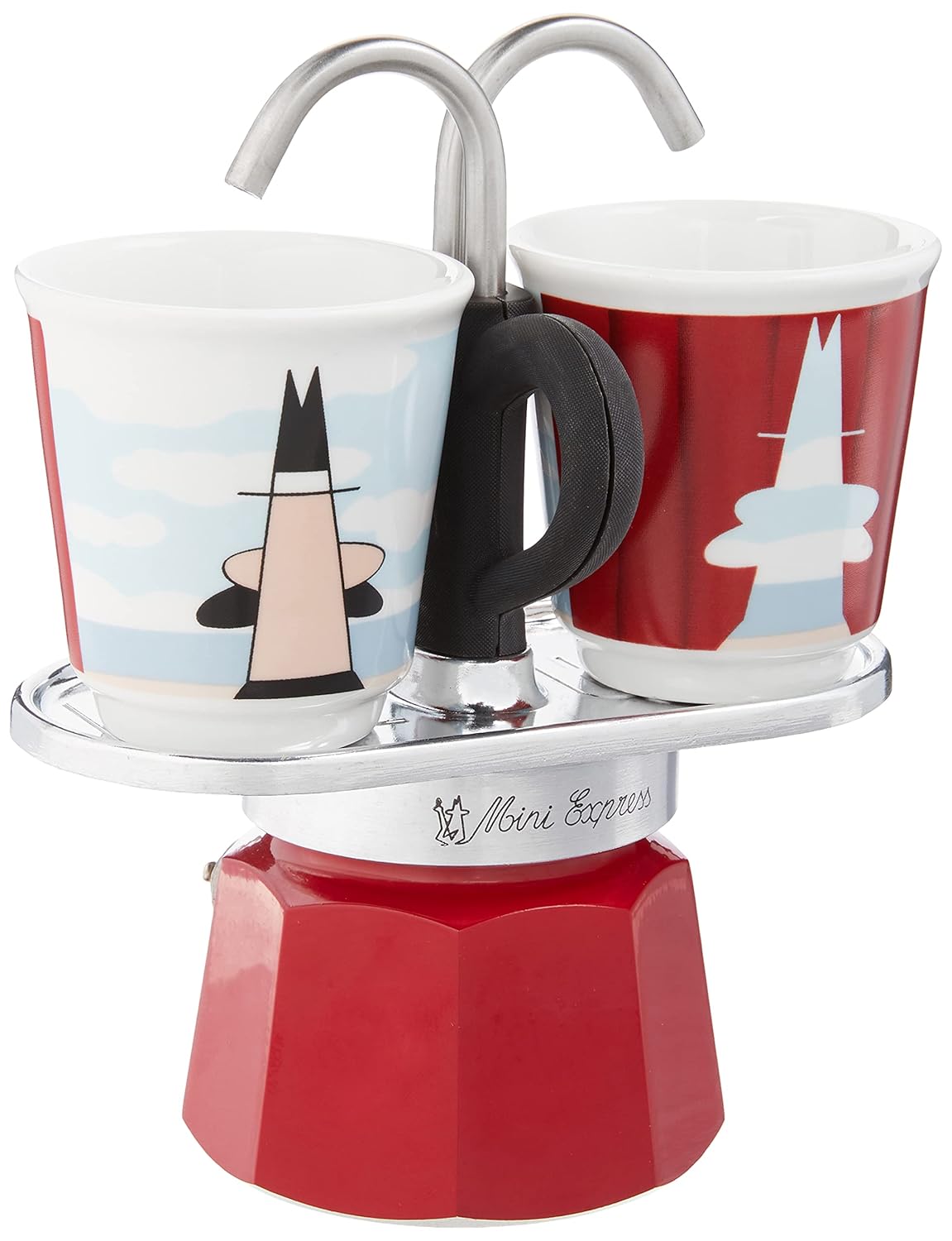 Bialetti Mini Express Magritte, Coffee Maker + 2 shot glasses, 2-Cups, Aluminum