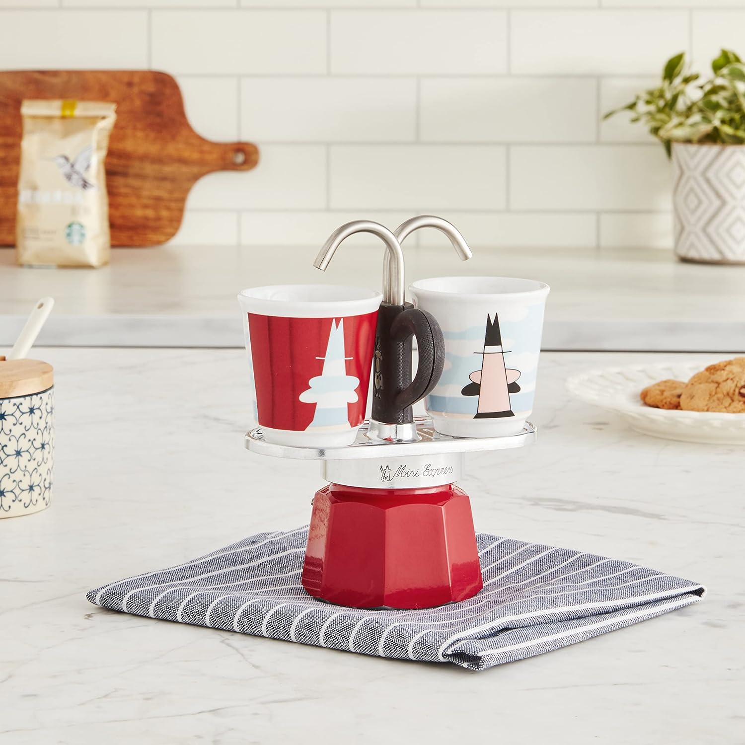 Bialetti Mini Express Magritte, Coffee Maker + 2 shot glasses, 2-Cups, Aluminum