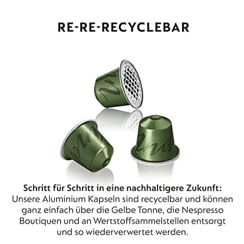 Aluminium capsules for recycling: Step-by-step towards a more sustainable future. Our capsules are recyclable and can be easily disposed of via the Yellow Bin, Nespresso boutiques, and recycling collection points for reuse.
