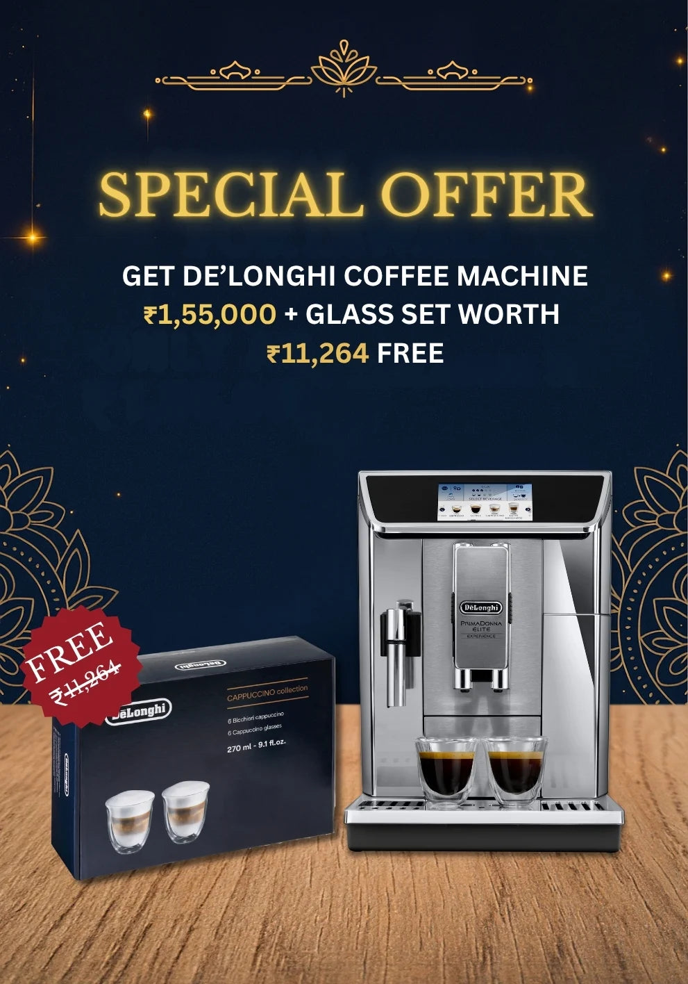Luxury Combo Pack of 2 - De’Longhi ECAM650.85 Coffee Machine and Cappuccino Glasses Set (6 pcs)