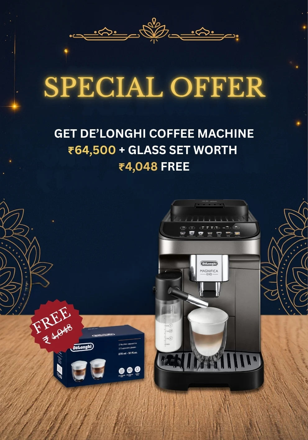 Luxury Combo Pack of 2 - De’Longhi Ecam290.81TB Coffee Machine and Double Wall Cappuccino Cups (190 ml)
