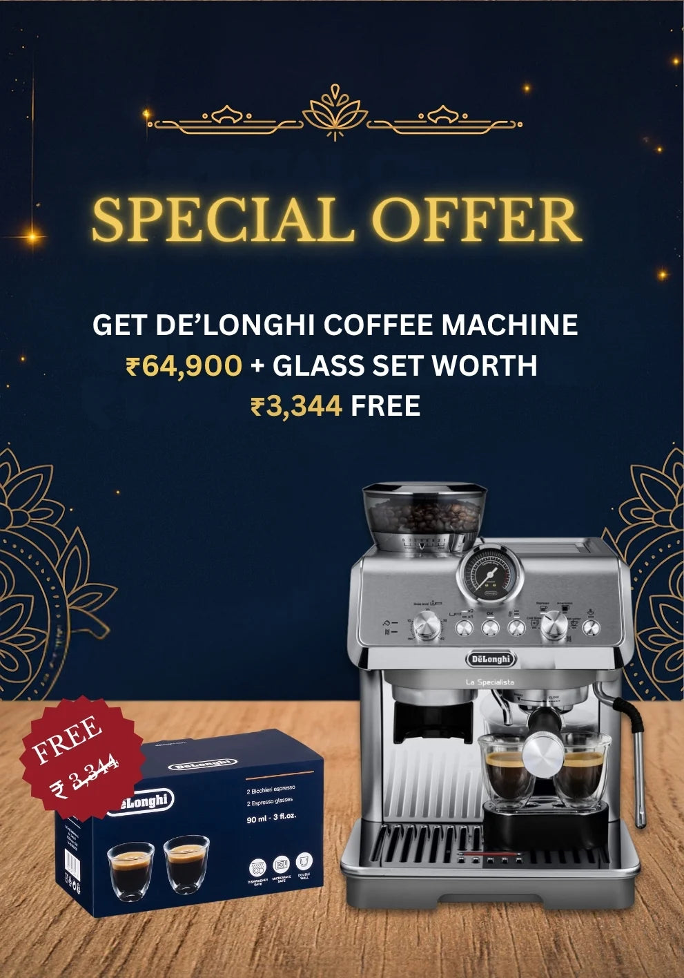 Luxury Combo Pack of 2 - De’Longhi La Specialista Arte Evo EC9255.M and  Espresso Glasses Set (2 pcs)