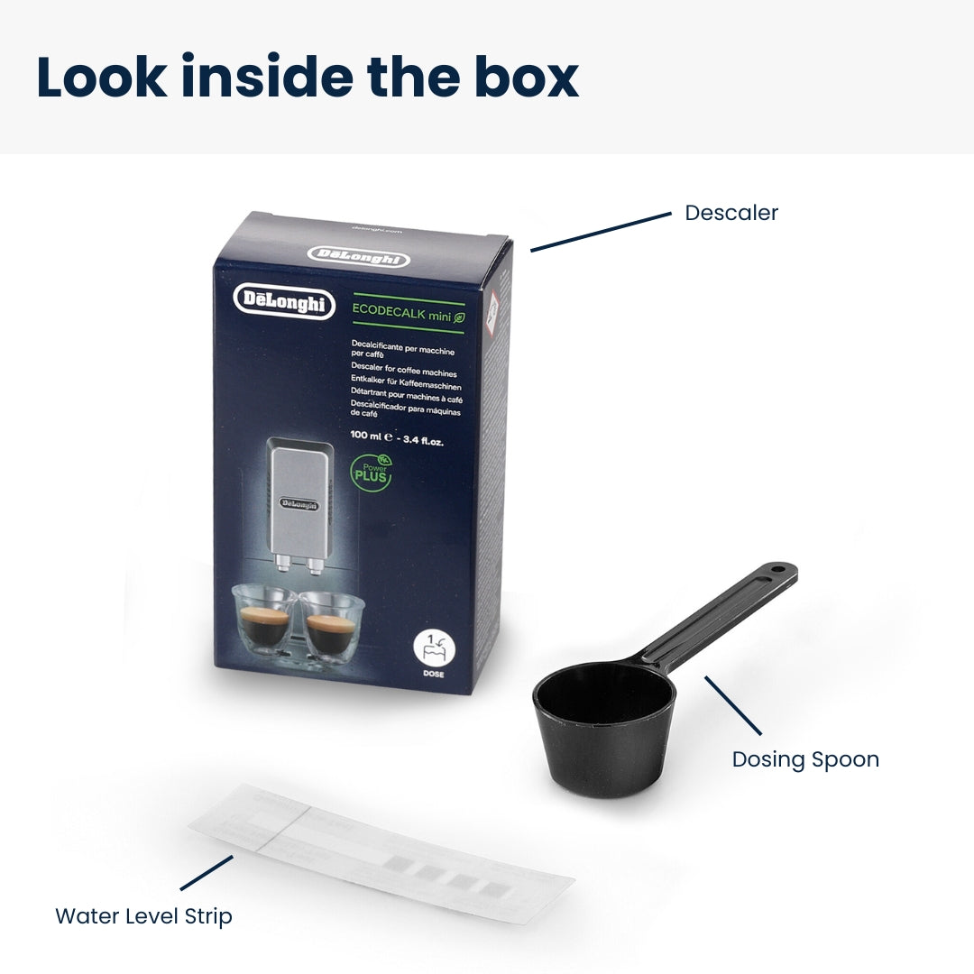 De'Longhi coffee machine packaging with descaler, dosing spoon, and water level strip on a white background