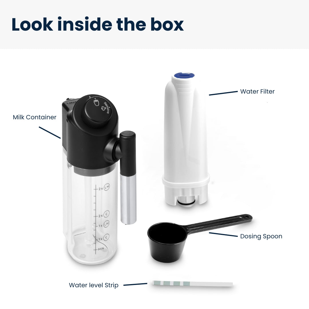 Product components including a milk container, water filter, dosing spoon, and water level strip on a white background.