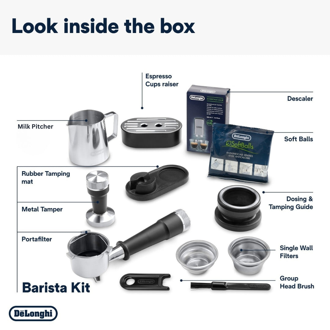 Delonghi barista kit with labeled components on a white background