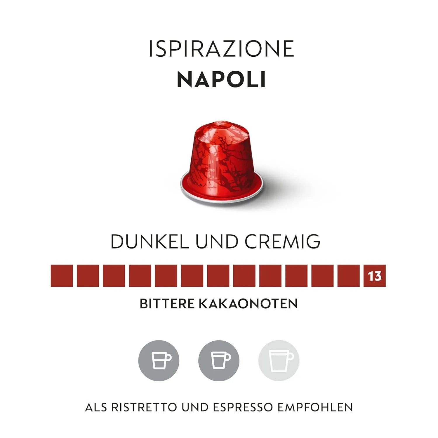 Ispirazione Napoli Dunkel Und Cremig 13 bitterer Kakaonoten, empfohlen als Ristretto und Espresso, resized for clarity.