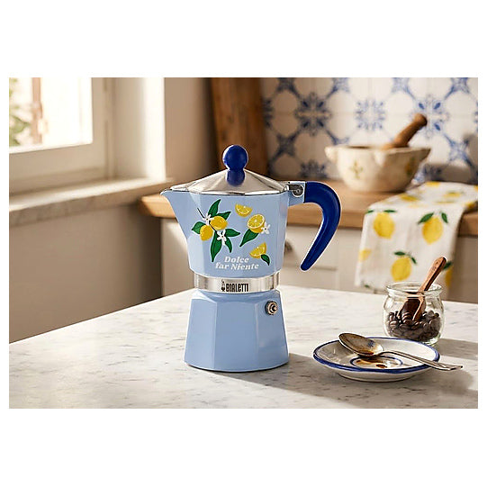 Bialetti Rainbow Dolce Far Nothing Moka Coffee Maker, 3 Cups, Blue with Lemons