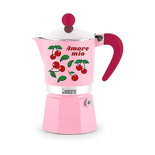 Bialetti Rainbow Amore Mio Moka Coffee Maker, 3 Cups, Red with Cherries