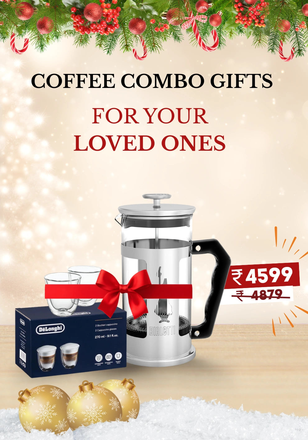 Bialetti Preziosa French Press Coffee Maker - 350ml + DeLonghi Cappuccino Glass Double Wall Cups 270 ML