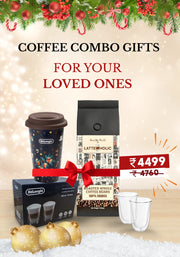 DeLonghi Set of 2 Latte Macchiato Glasses 330 ML + Latteholic 100% Arabica Freshly Roasted Coffee Beans - 500g + DeLonghi Christmas Thermal Mug