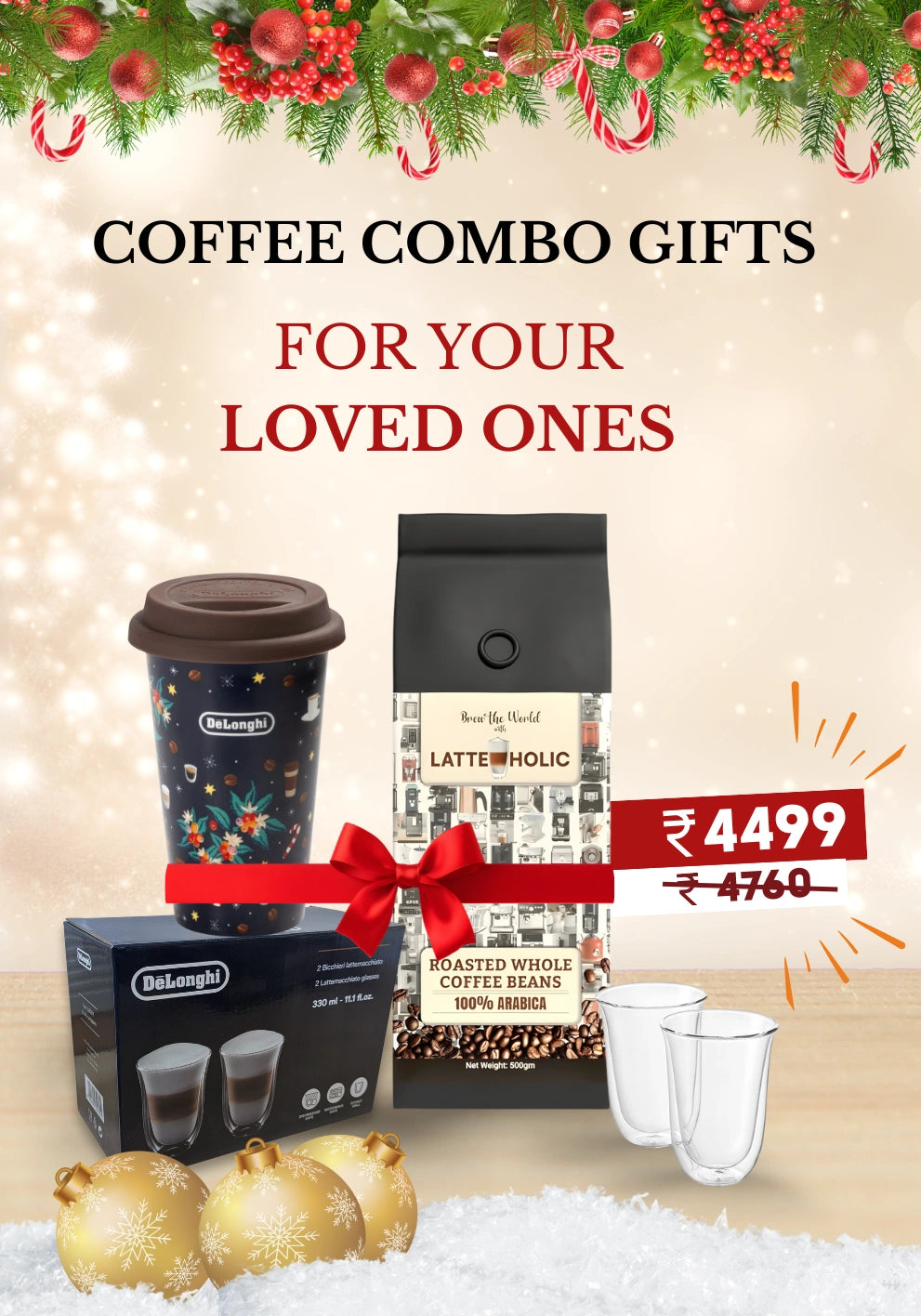 DeLonghi Set of 2 Latte Macchiato Glasses 330 ML + Latteholic 100% Arabica Freshly Roasted Coffee Beans - 500g + DeLonghi Christmas Thermal Mug