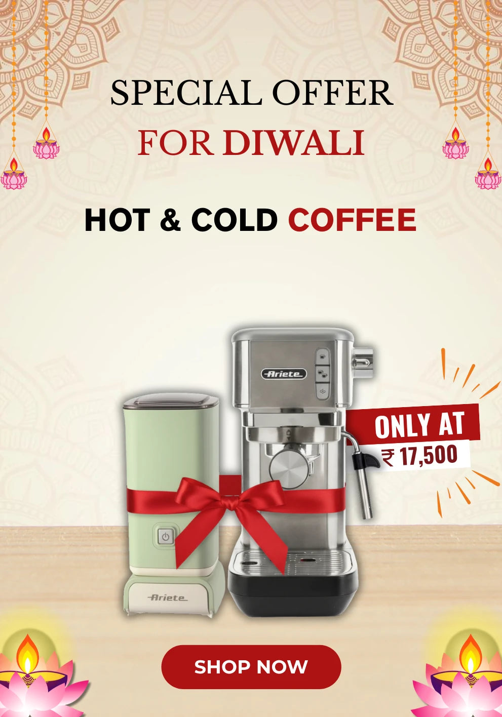 Combo Under 25K -  Pack of 2 - Ariete Slim Metal Coffee Machine | Hot & Cold Milk Frother